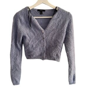 Forever 21 Cardigan Fuzzy Eyelash Knit Cropped Small Blue Womens Y2K Sweater